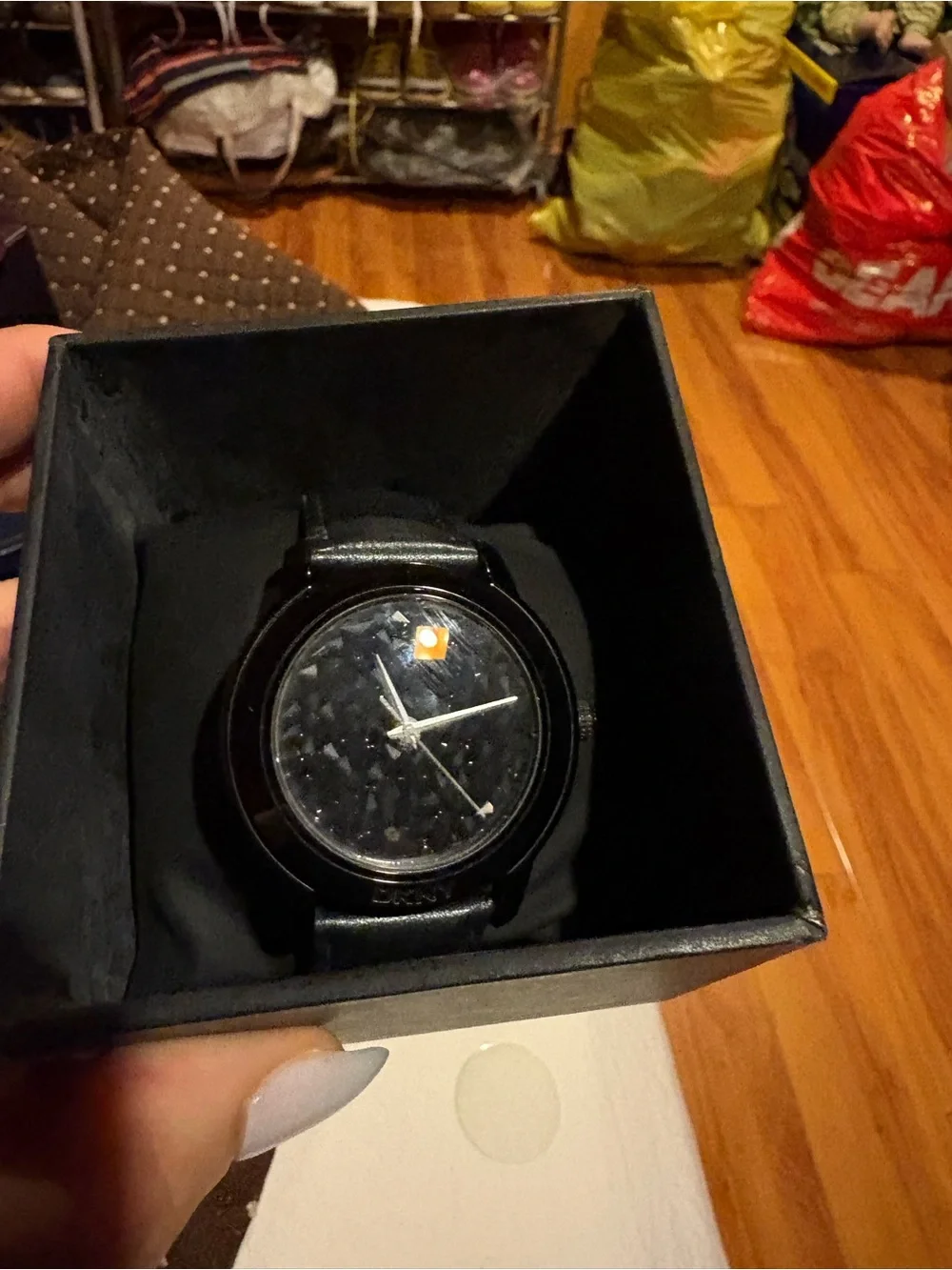 Dkny Black Women's Leather Strap Watch with Crystal Face